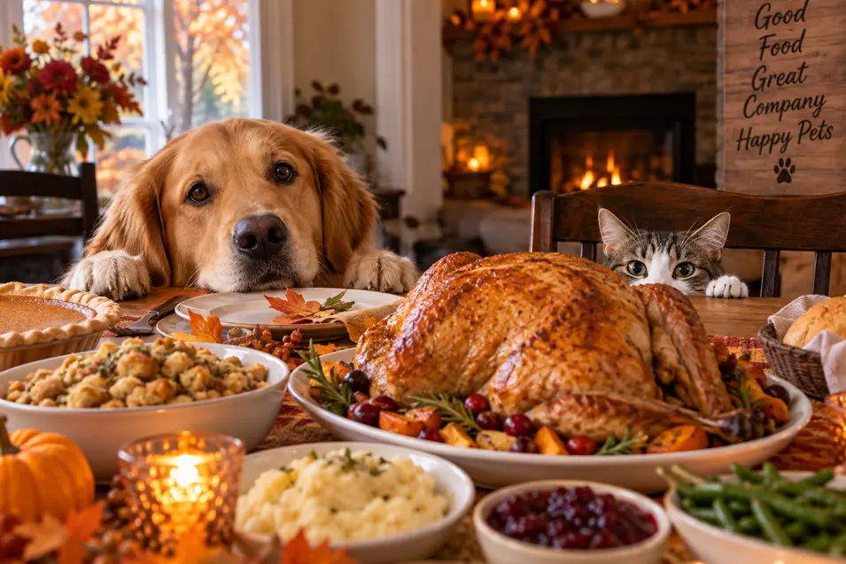 A dog and cat peek eagerly over a Thanksgiving table filled with turkey and festive dishes in a warm, cozy autumn dining room.