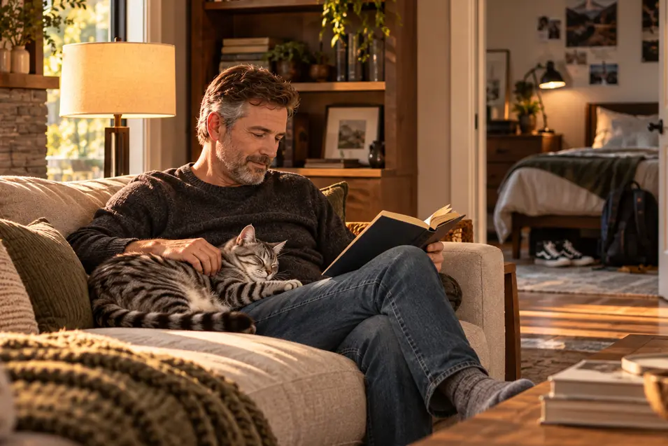 A man comforts a grey tabby cat at home after a family member has moved away, helping the pet adjust to a quieter household.