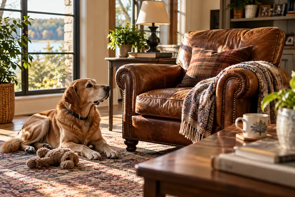 A golden retriever relaxes beside a leather armchair in a warm, sunlit living room overlooking a peaceful lake.