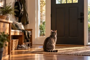 A grey tabby cat sits quietly by the front door after someone has left, surrounded by familiar belongings in the warm family home.