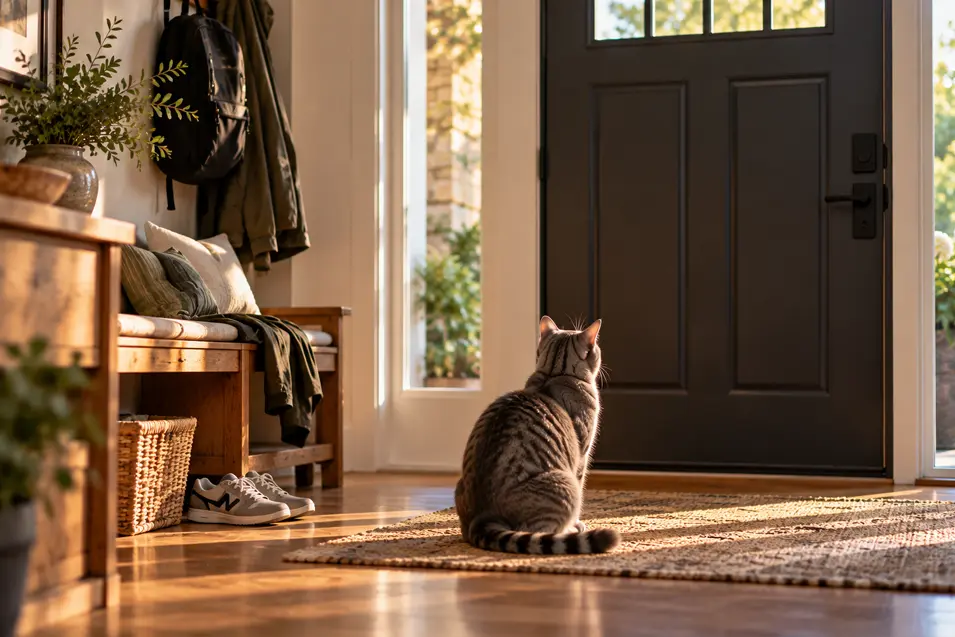 A grey tabby cat sits quietly by the front door after someone has left, surrounded by familiar belongings in the warm family home.