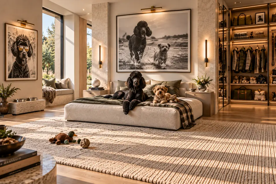 Two pampered dogs relax in a luxurious master suite with custom feeding, a boutique wardrobe and oversized portraits celebrating their lives.