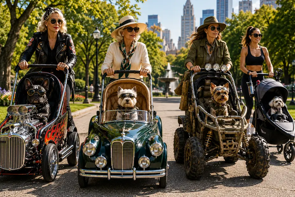 Four stylish women push dogs in wildly customized hot rod, luxury, off-road and sporty strollers through a sunny city park.
