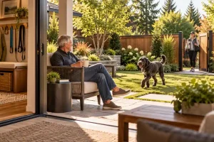 A man relaxes on the patio as his dog returns from a walk, highlighting a fenced yard and practical support for everyday pet care.