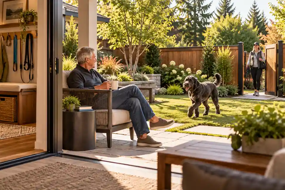 A man relaxes on the patio as his dog returns from a walk, highlighting a fenced yard and practical support for everyday pet care.