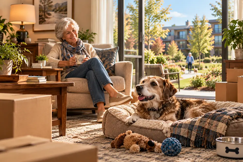 An older woman relaxes with her dog in a bright, pet-friendly assisted living apartment overlooking landscaped gardens.