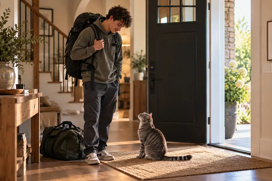 A young man with a backpack says goodbye to his grey tabby cat before leaving home on a new adventure.