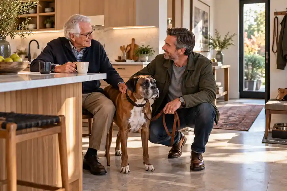 An older man and a family member spend time with his Boxer, reflecting the importance of planning who will care for a pet when help is needed.