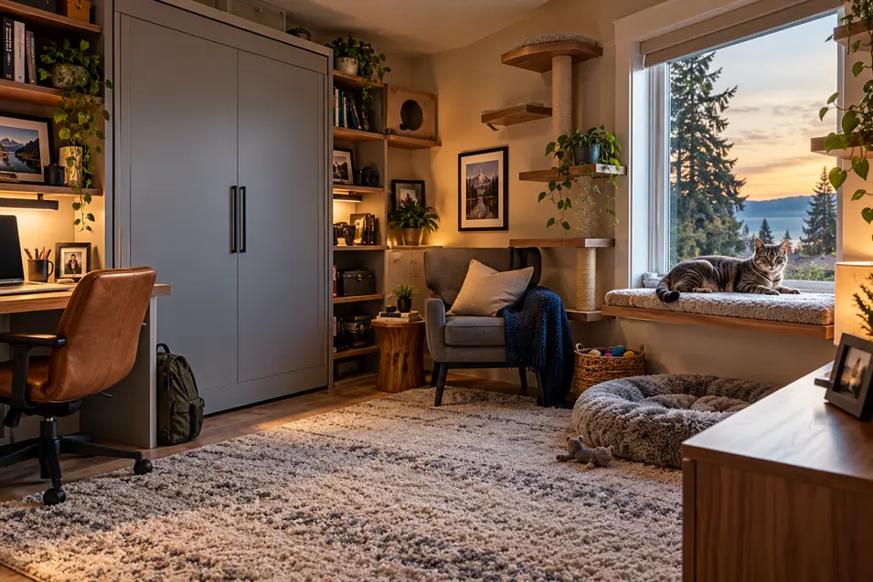 A former bedroom becomes a pet-friendly flex room, with a home office, cat climbing wall, window perch and cozy sleeping space. Do you like this personality?