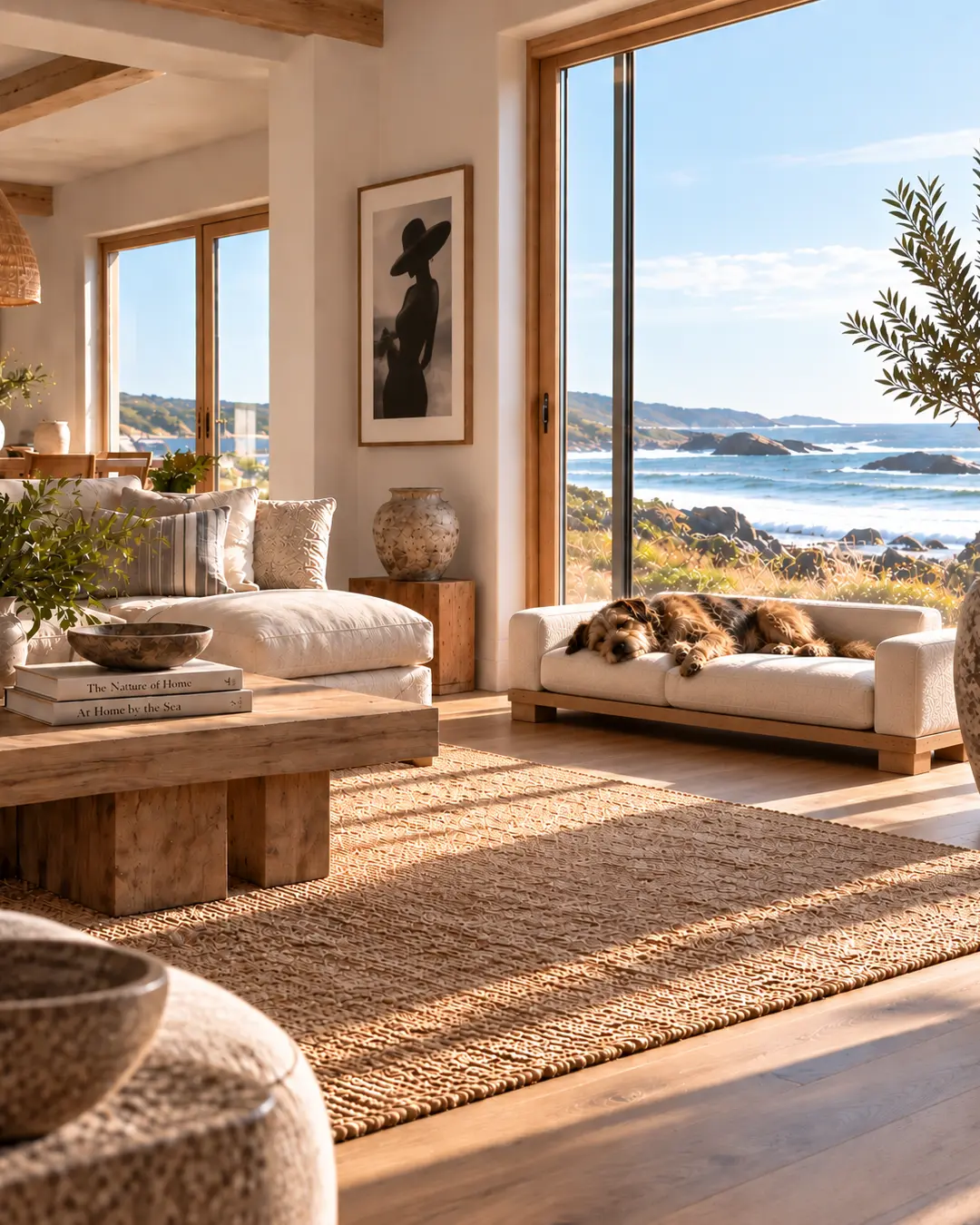 Sunlit coastal living room with natural wood, ocean views and a cozy dog stretched out on its own beautifully upholstered sofa.