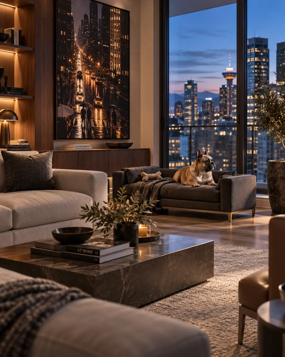 A French Bulldog lounges on a tailored dog sofa in a sophisticated city condo with warm walnut millwork and dramatic skyline views.