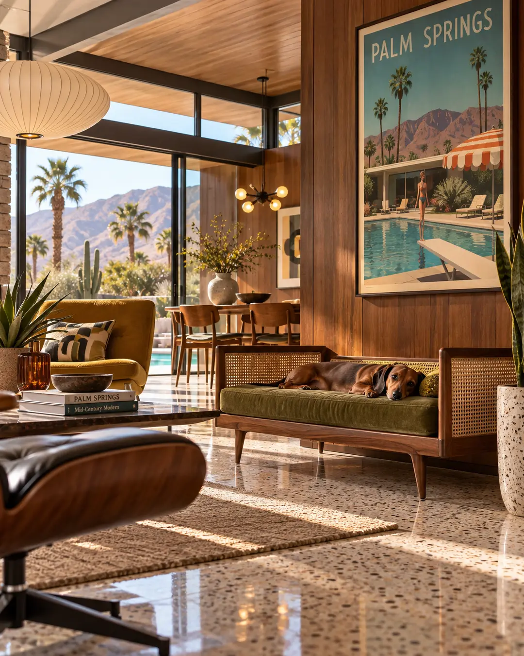 A Dachshund lounges on a mid-century dog sofa in a stylish Palm Springs home filled with warm wood, vintage design and desert views.