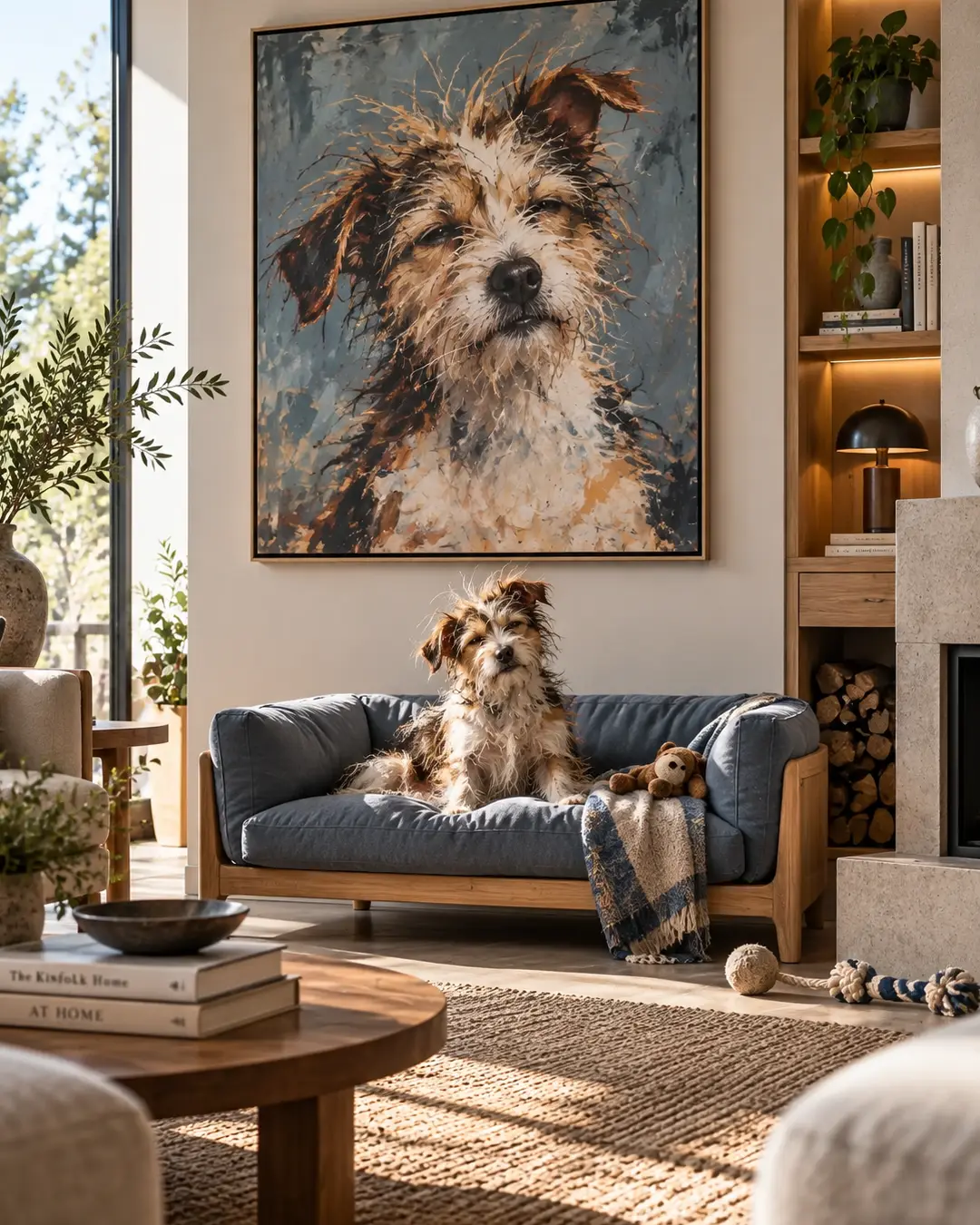 A scruffy little dog sits proudly on a blue sofa beneath an oversized portrait of itself in a bright, beautifully designed living room.