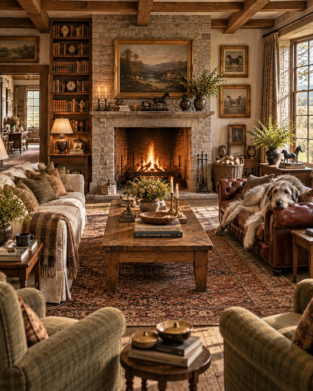 A shaggy dog lounges on a leather sofa in a richly layered English country living room with a roaring stone fireplace and antique art.