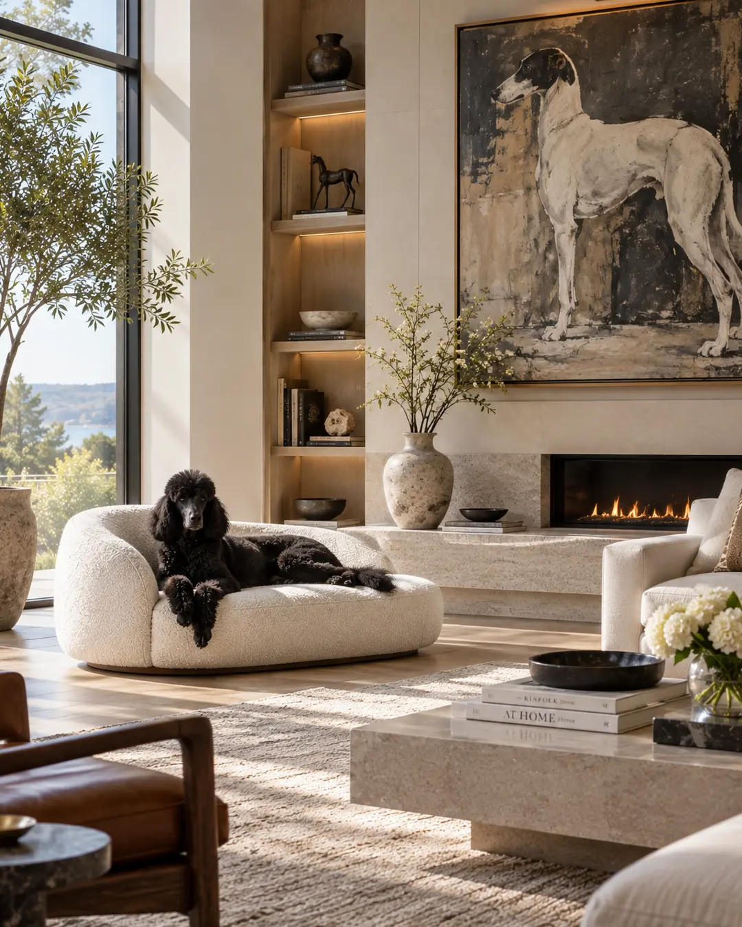 A black Poodle lounges on a sculptural dog sofa in an elegant modern living room with a fireplace and oversized dog artwork.