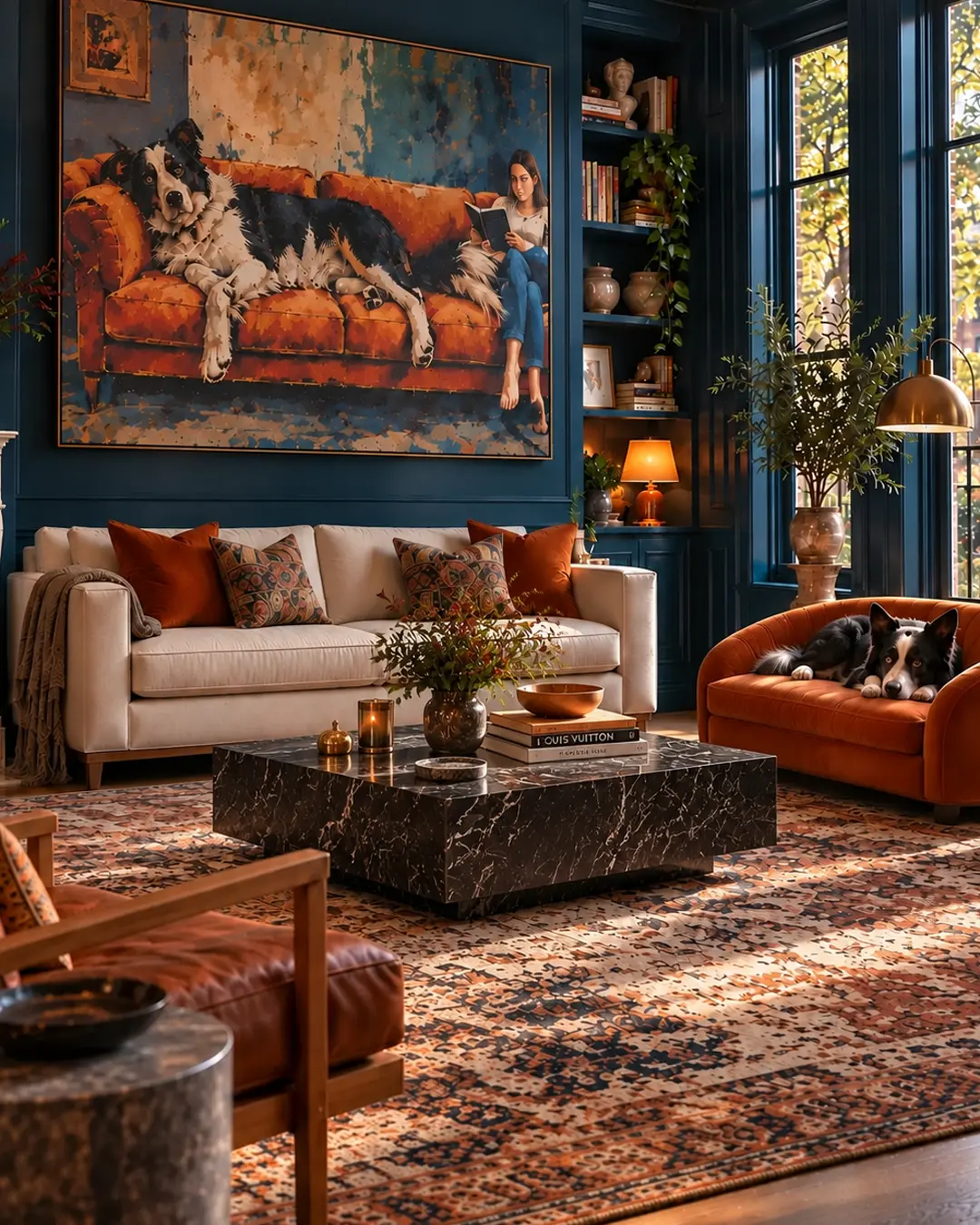 Elegant living room with deep blue walls, a cream sofa, orange dog sofa, Border Collie, bold dog art and a black marble coffee table.
