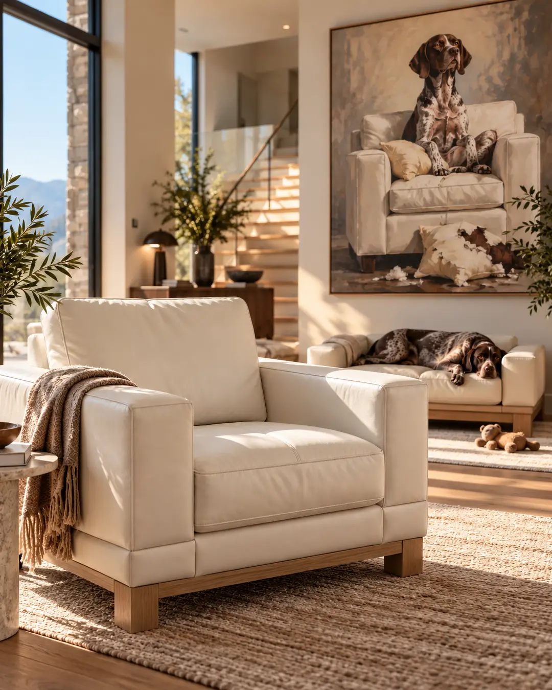 Sunlit modern living room with a white leather chair, matching dog sofa, lounging dog and oversized portrait of the dog in the same chair.