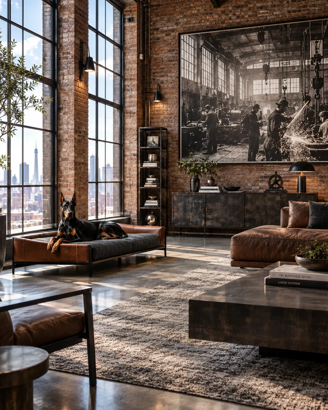 A Doberman lounges on a leather dog bed in a dramatic industrial loft with exposed brick, steel windows and oversized factory art.