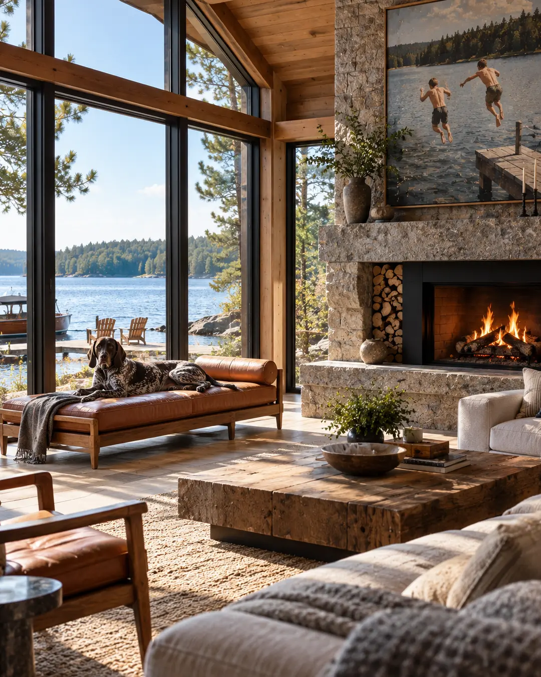 A dog lounges on a leather daybed in a spectacular lake house with soaring windows, a stone fireplace and sweeping water views.