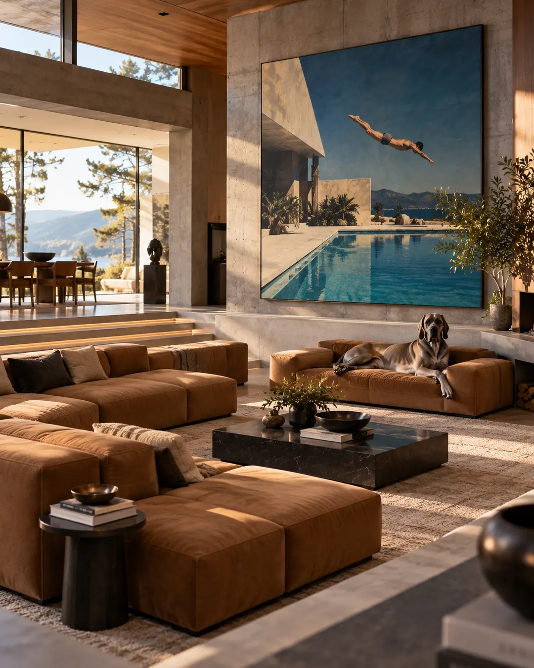 A Great Dane lounges on its own cognac sofa in a dramatic modern home with concrete walls, warm wood and oversized poolside art.