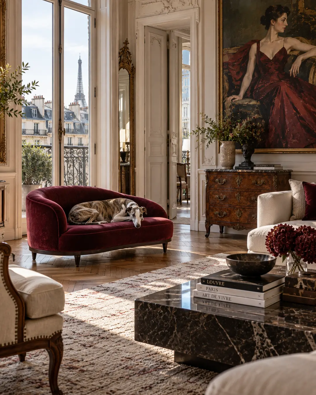 A Whippet curls up on a deep red velvet dog sofa in an elegant Paris apartment with classic architecture and Eiffel Tower views.