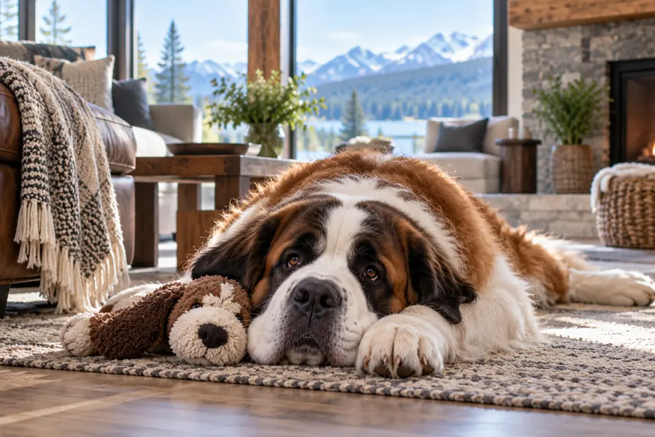 A Saint Bernard relaxes beside a plush toy in a beautiful mountain home, with a stone fireplace, warm wood and sweeping alpine views.