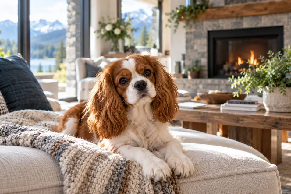 A Cavalier King Charles Spaniel relaxes in a bright mountain home with rustic wood accents, a stone fireplace and spectacular alpine views.