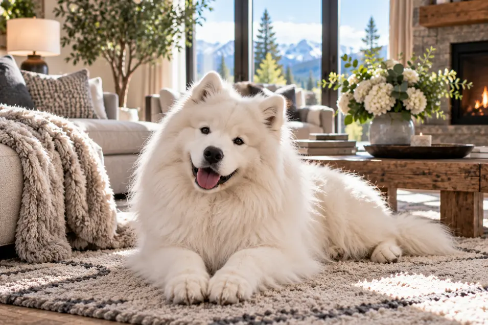A fluffy white Samoyed relaxes in an elegant mountain living room with a stone fireplace, rustic wood furnishings and beautiful alpine views.