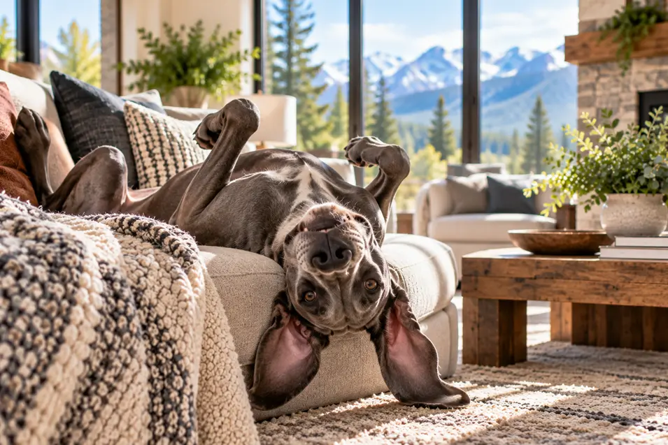 A playful grey dog lounges upside down on a sofa in a beautiful mountain home, surrounded by warm wood, cozy textures and spectacular alpine views.