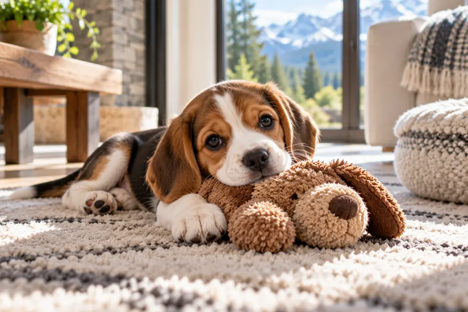A Beagle puppy cuddles a plush dog toy on a cozy rug in a sunlit mountain home, with soaring alpine views through the windows.