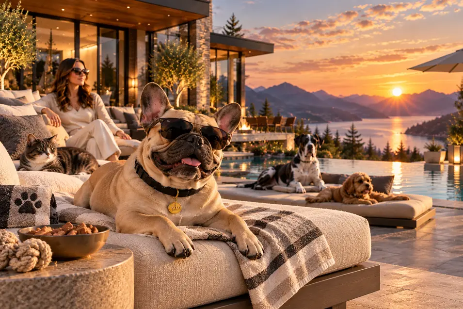 A sunglasses-wearing French Bulldog lounges poolside with his cat and dog friends at a spectacular mountain retreat as the sun sets.