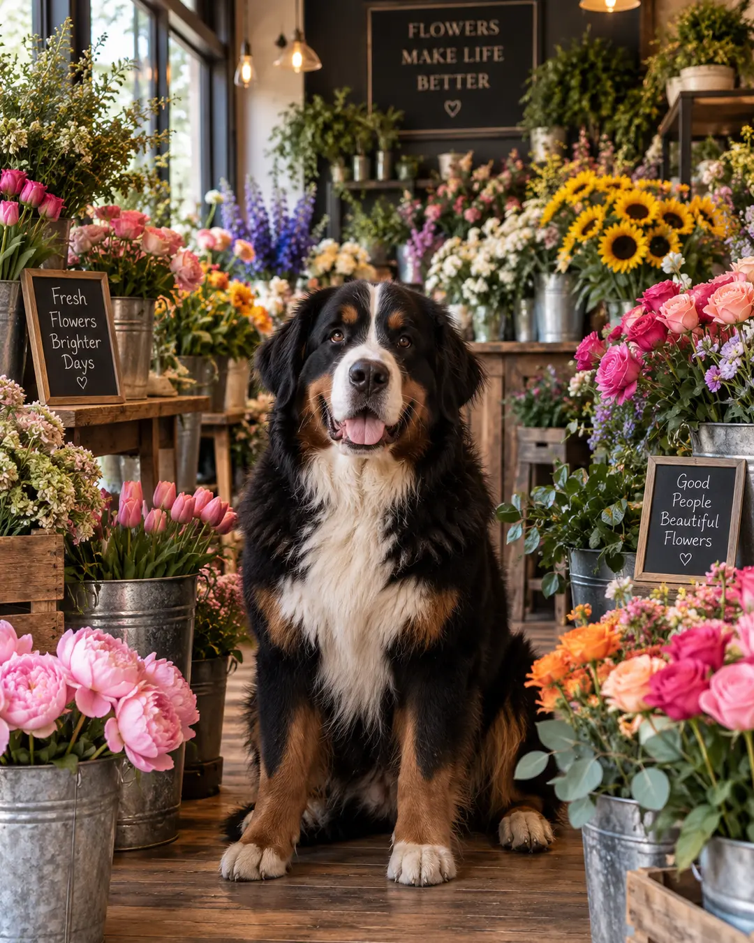 A Bernese Mountain Dog sits inside a charming flower shop, surrounded by colourful roses, tulips, sunflowers and cheerful floral displays.