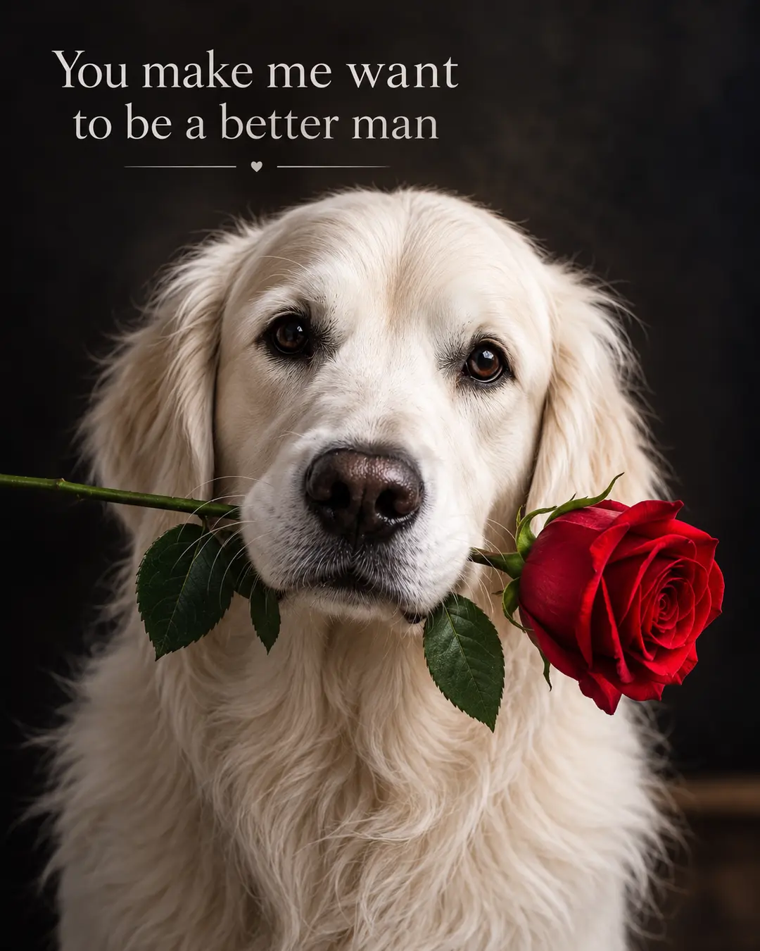 A white dog holds a single red rose beneath the romantic quote, “You make me want to be a better man,” against a dark, elegant backdrop.