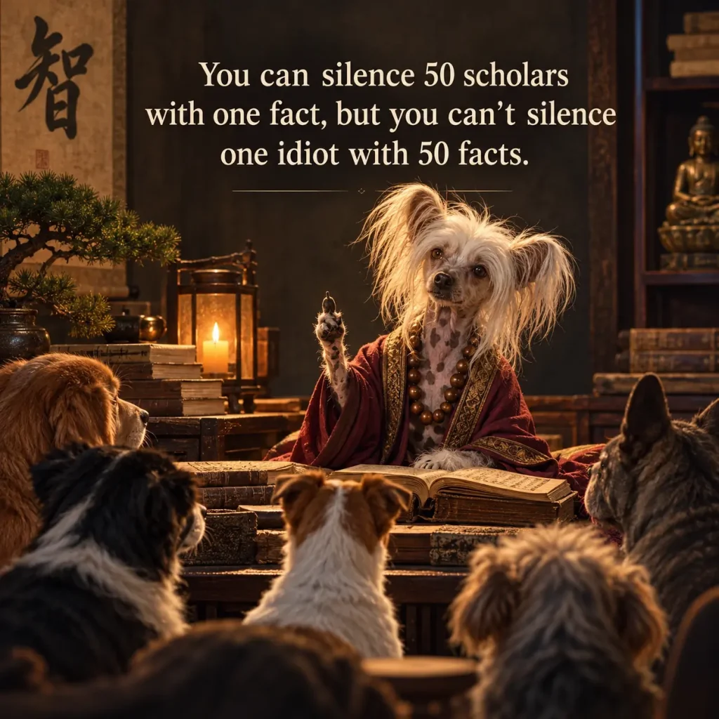 A wise little dog lectures a room of attentive pets on the frustrating truth that facts rarely silence a determined idiot.