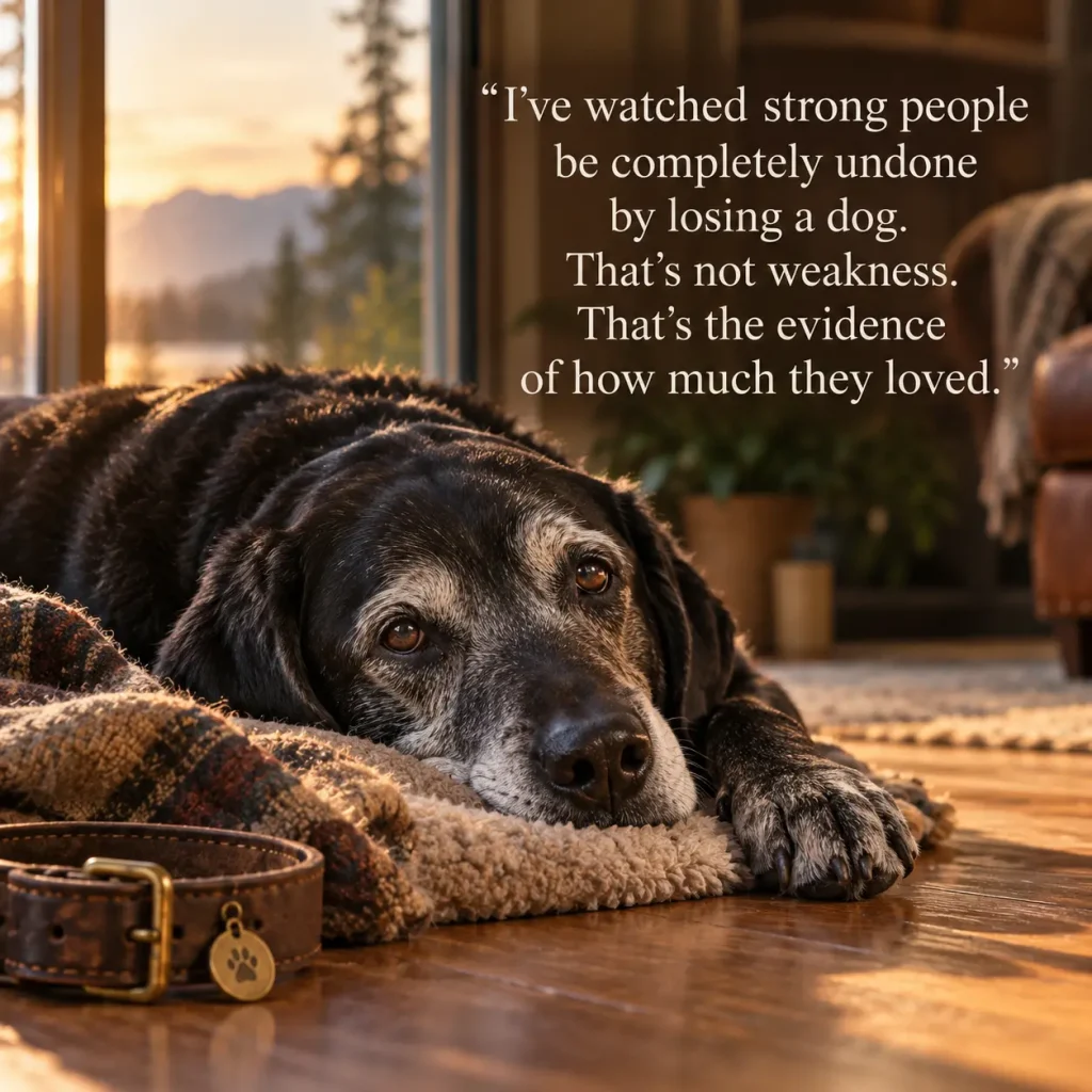 An elderly dog rests peacefully in the warm evening light, reflecting the deep love—and profound grief—that comes with saying goodbye.