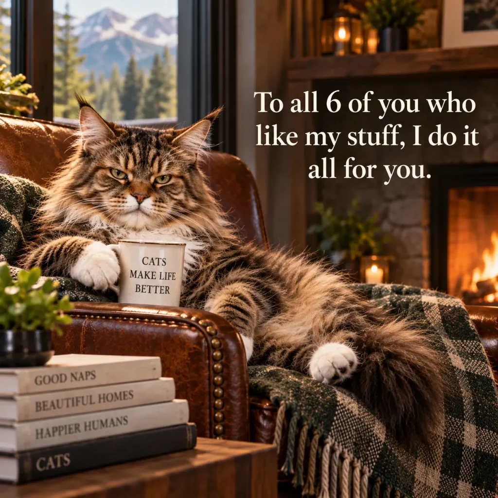 A majestic Maine Coon lounges by the fire with a mug, thanking all six loyal fans who like his stuff.
