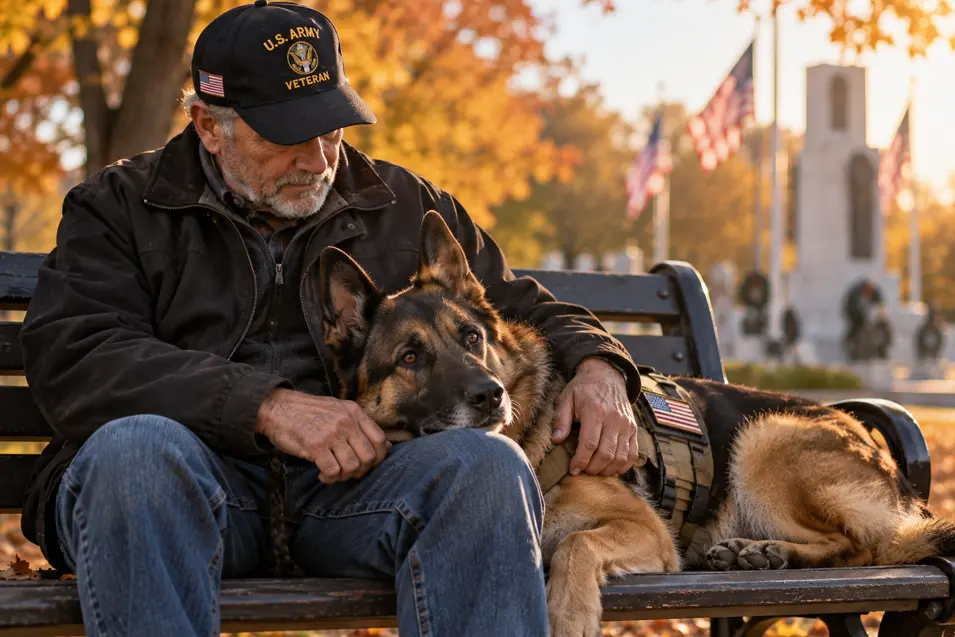 A U.S. Army veteran sits with his German Shepherd on a park bench near a memorial, sharing a quiet moment beneath autumn trees and American flags.