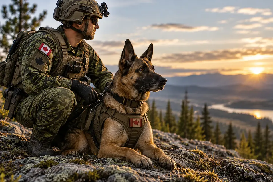 A Canadian soldier and his German Shepherd military working dog survey a mountainous landscape at sunset, both wearing tactical gear.