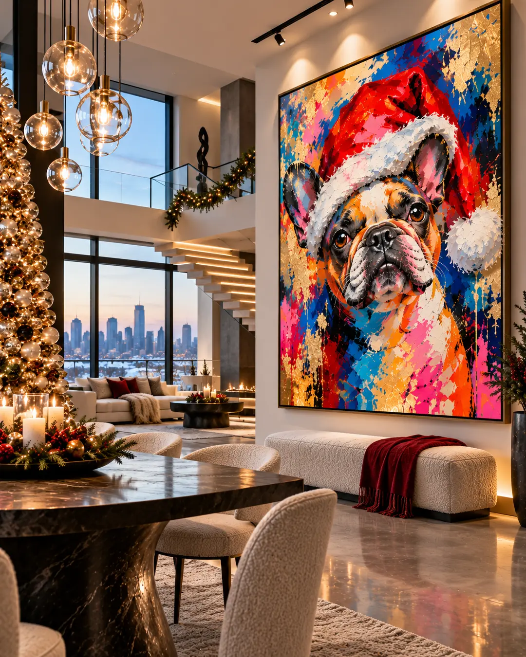 A vibrant pop-art painting of a French Bulldog wearing a Santa hat dominates a luxurious modern penthouse decorated with Christmas lights and elegant furnishings.