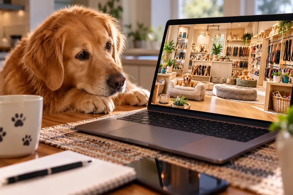 A golden retriever looks curiously at a laptop displaying a beautiful online pet boutique filled with dog beds, toys, and accessories.