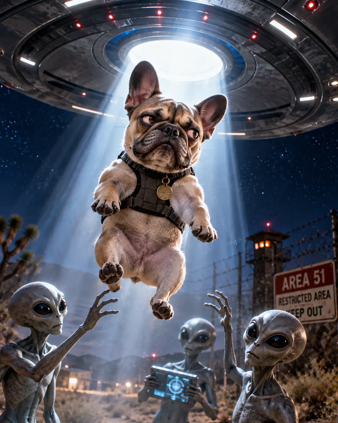 An unimpressed French Bulldog floats into a UFO's tractor beam above Area 51 as three curious aliens oversee the nighttime abduction.