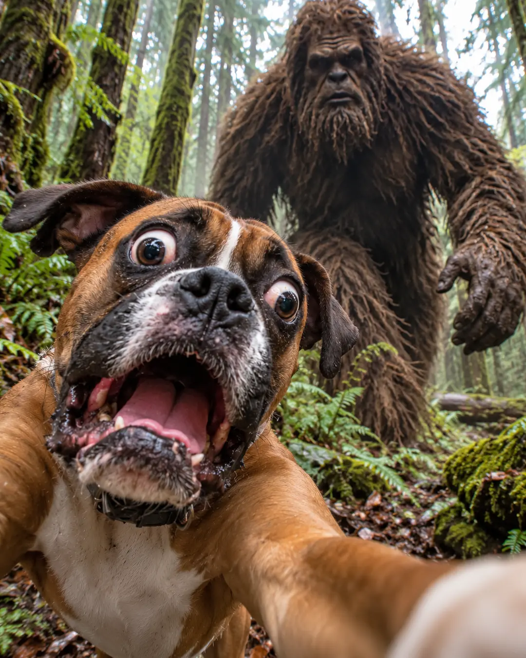A terrified Boxer snaps a wide-eyed selfie in a mossy forest as a towering Bigfoot looms menacingly behind him. Is this conversation helpful so far?