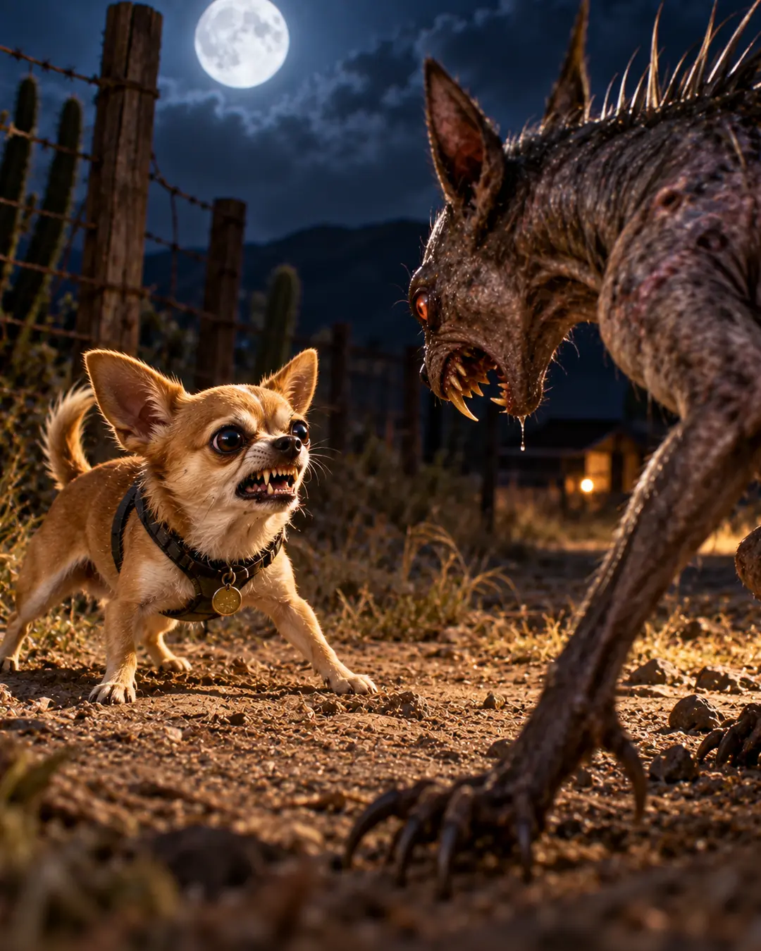 A fearless Chihuahua bares its teeth at a terrifying Chupacabra in a moonlit desert, refusing to back down from the monstrous creature.