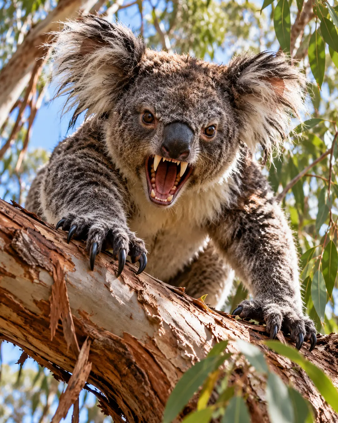 A fierce, snarling koala with sharp fangs and extended claws clings to a eucalyptus tree, resembling Australia's legendary drop bear.