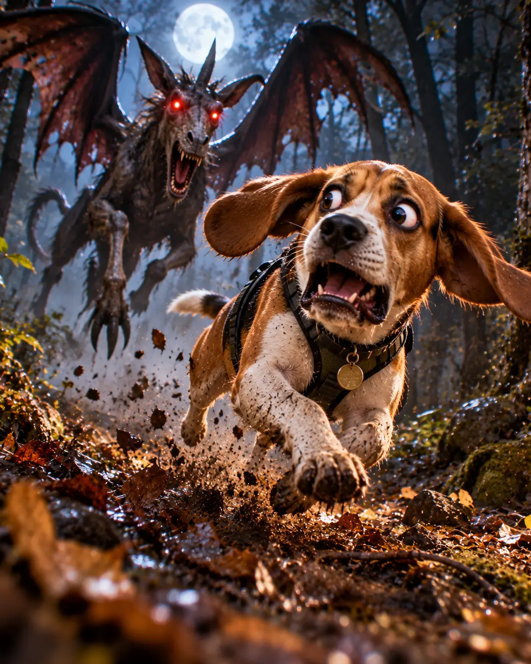 A terrified Beagle races through a moonlit forest as a snarling, red-eyed Jersey Devil with enormous bat wings chases close behind.