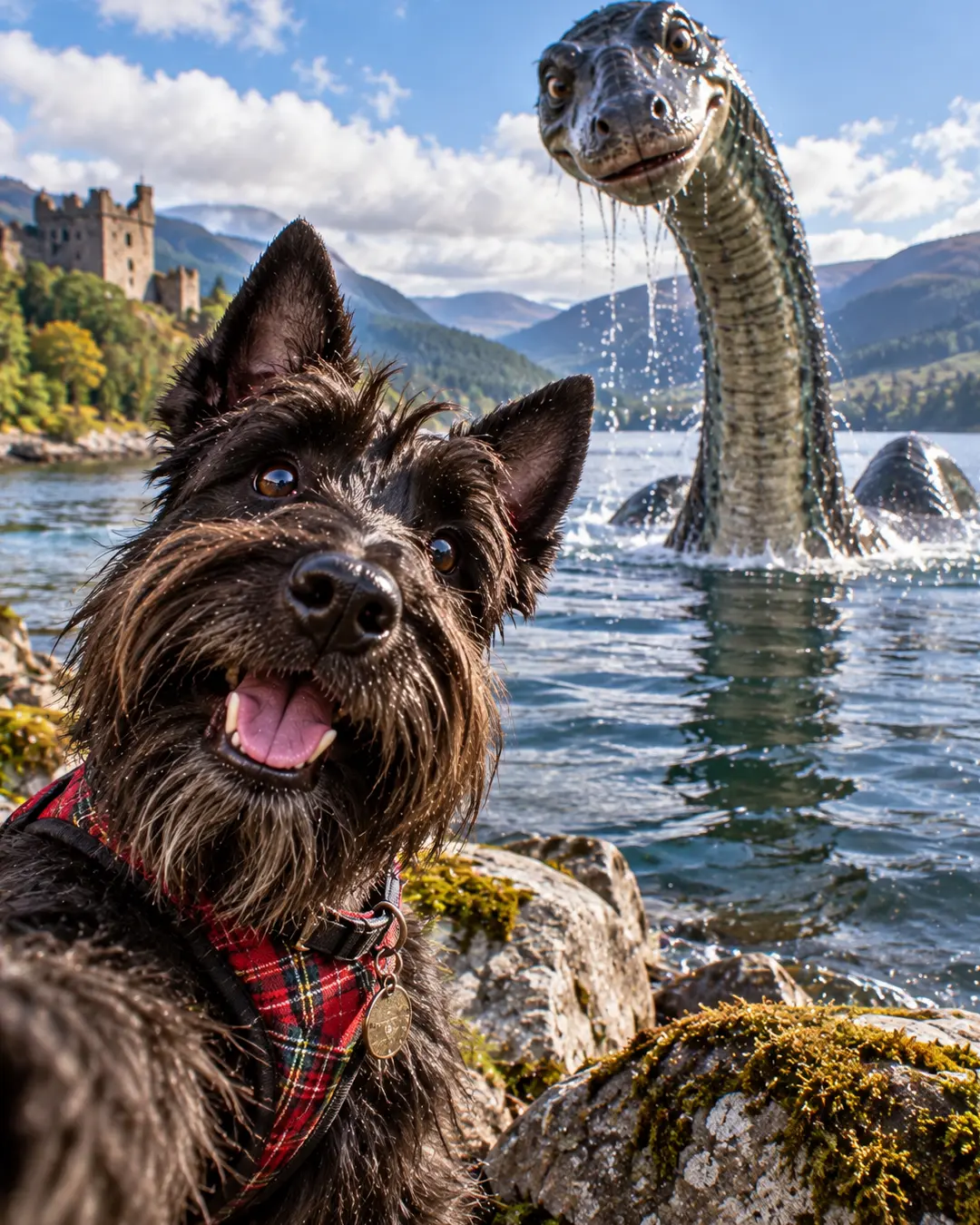 A cheerful Scottish Terrier snaps a lakeside selfie as the Loch Ness Monster rises from the water behind him, with a Scottish castle in the distance.