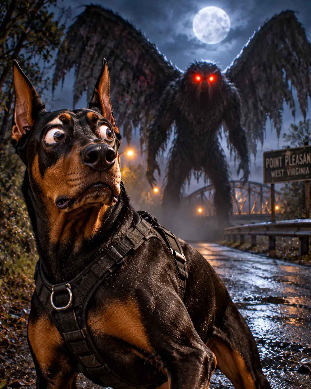 A wide-eyed Doberman looks terrified as the red-eyed Mothman spreads its enormous wings beneath a full moon in Point Pleasant, West Virginia.