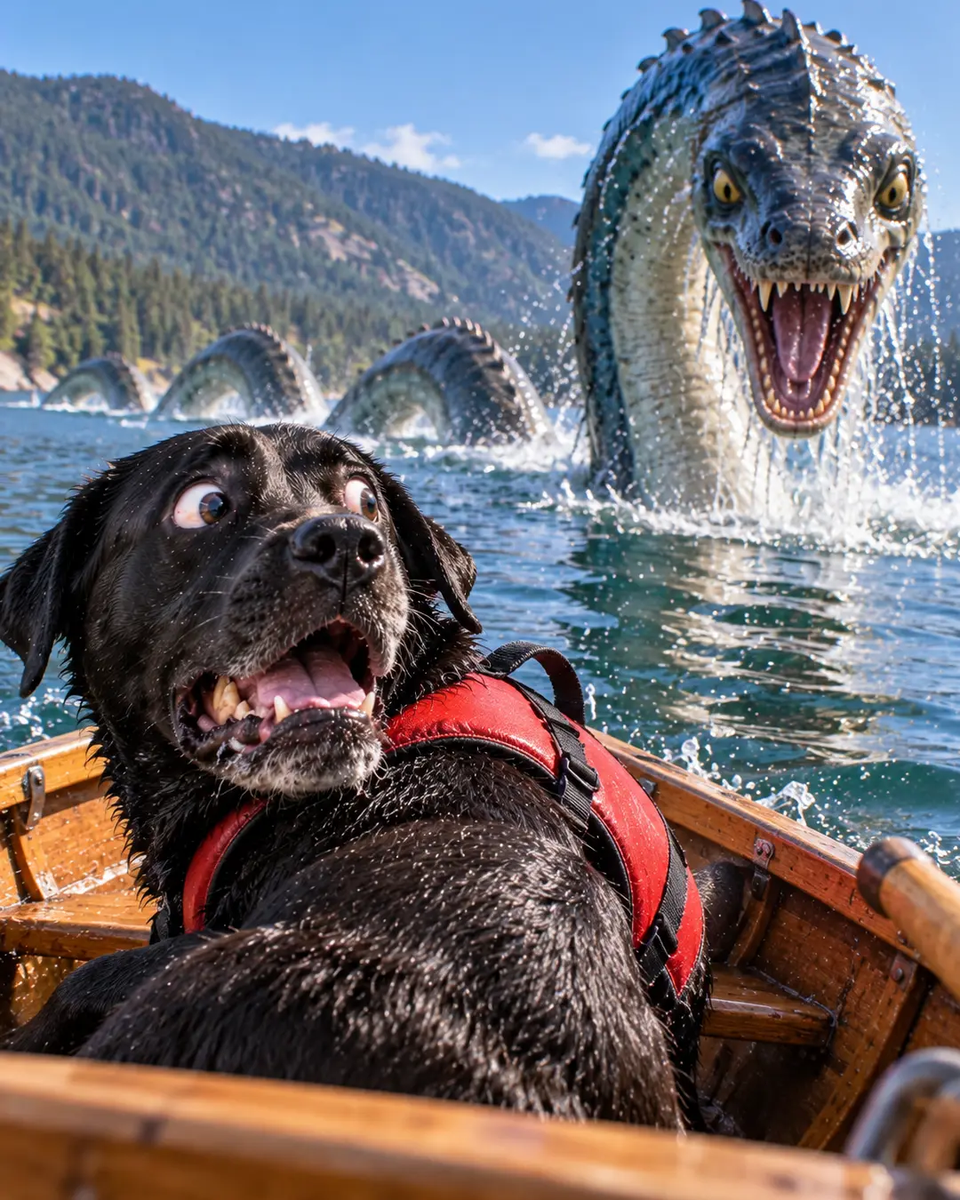 A terrified black Labrador in a red life jacket cowers in a wooden boat as a gigantic, snarling lake monster erupts from the water behind him.