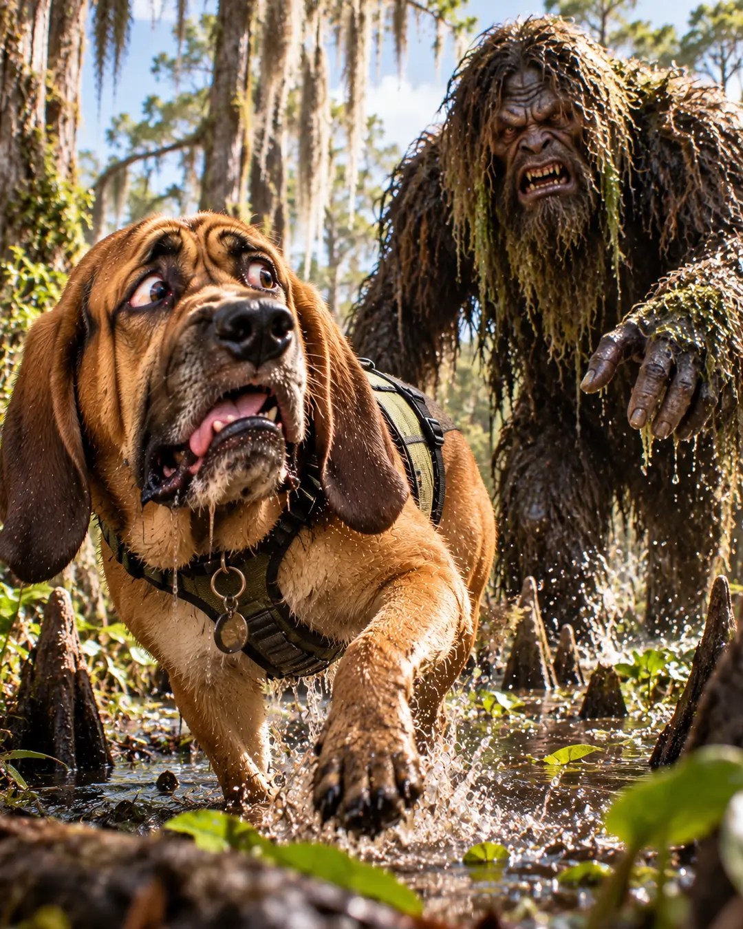 A terrified Bloodhound splashes through a murky swamp as a snarling, moss-covered swamp monster emerges from the water and reaches toward him.