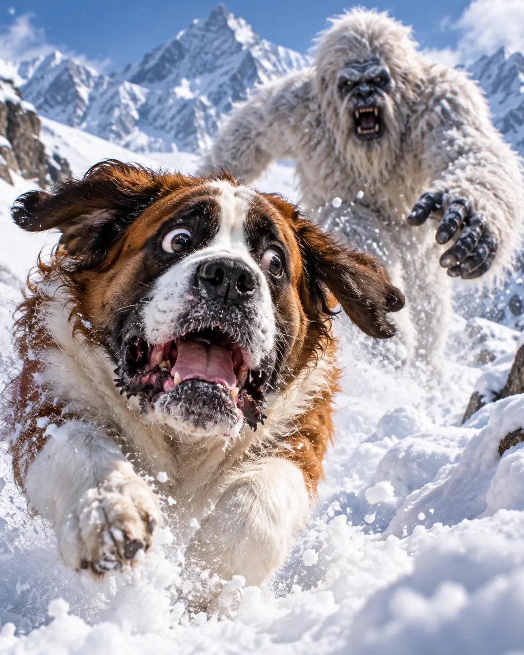 A terrified Saint Bernard races through deep mountain snow, eyes bulging and mouth wide open, as a snarling Yeti charges behind him.